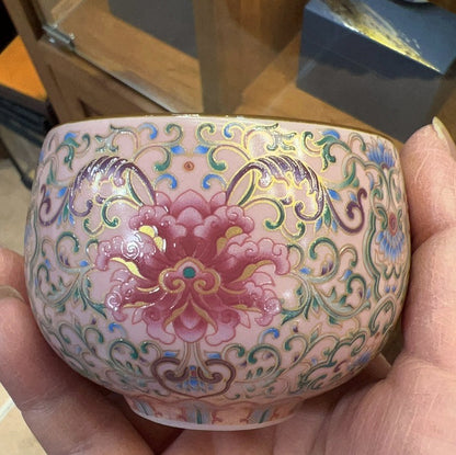 Chinese Enamel Twisted Lotus Tea Cup 160ml Pink Couple/Parents Gift