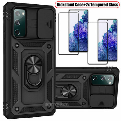 For Samsung Galaxy S20 FE 5G Stand Case + Camera Lens Slide Cover Tempered Glass