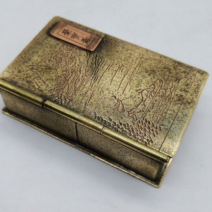 Vintage Brass Tobacco Box Landscape Relief Pure Copper Ink Cartridge Pipe Case