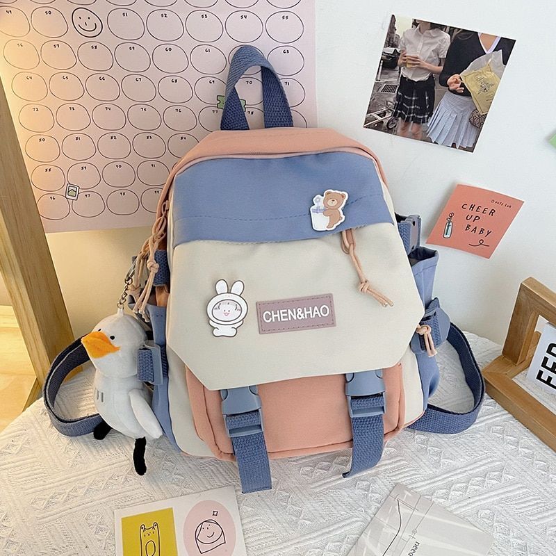 Small Backpack Contrasting Color School Bags Waterproof Nylon Casual Schoolbags