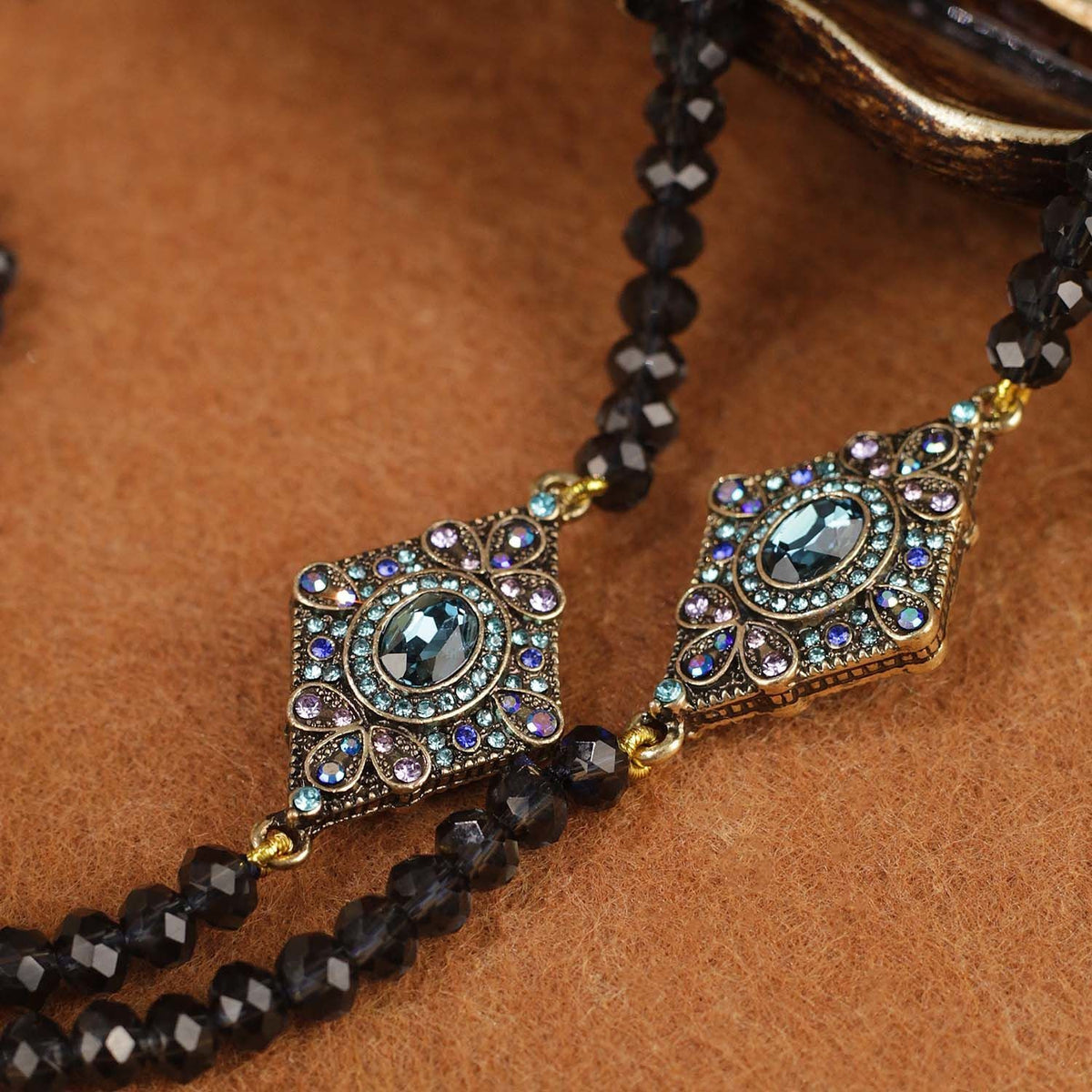Vintage Multi Layer Black Bead Necklace Earrings Set Gold Plated Crystal