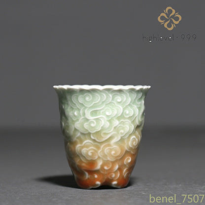 Yue Kiln Celadon Relief Gradient Color Tea Cup Carved Tea Bowl Chinese Ceramic