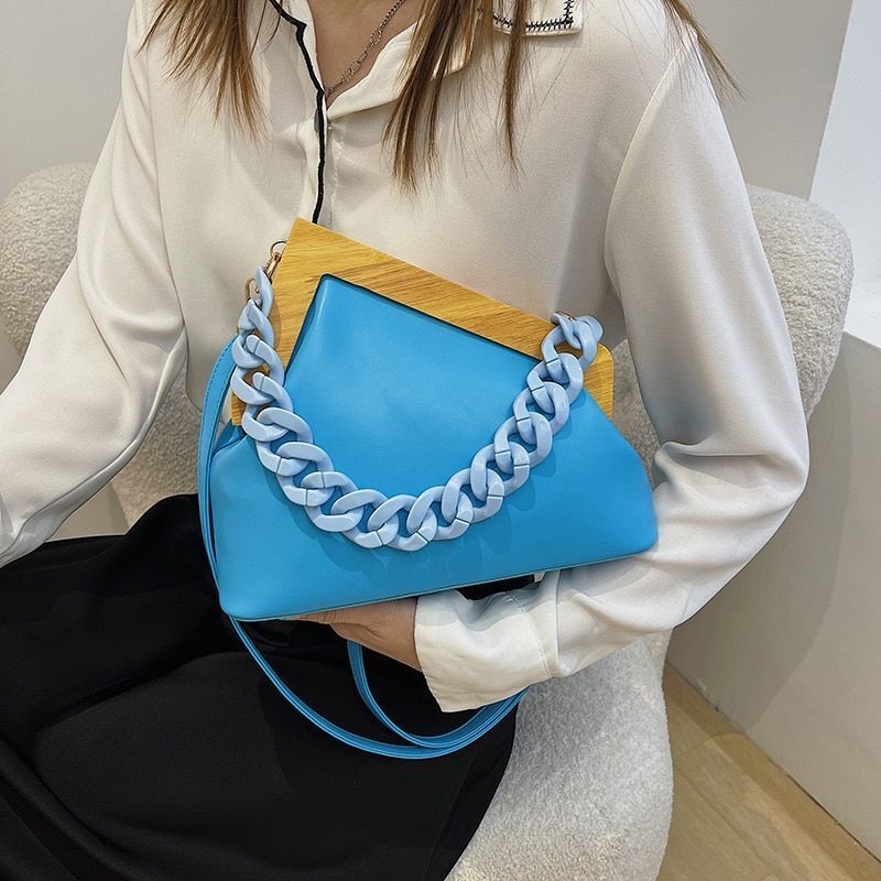 Handbag Thick Chain Triangle Design Leather Crossbody Bag Wooden Handle Purses