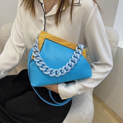 Handbag Thick Chain Triangle Design Leather Crossbody Bag Wooden Handle Purses