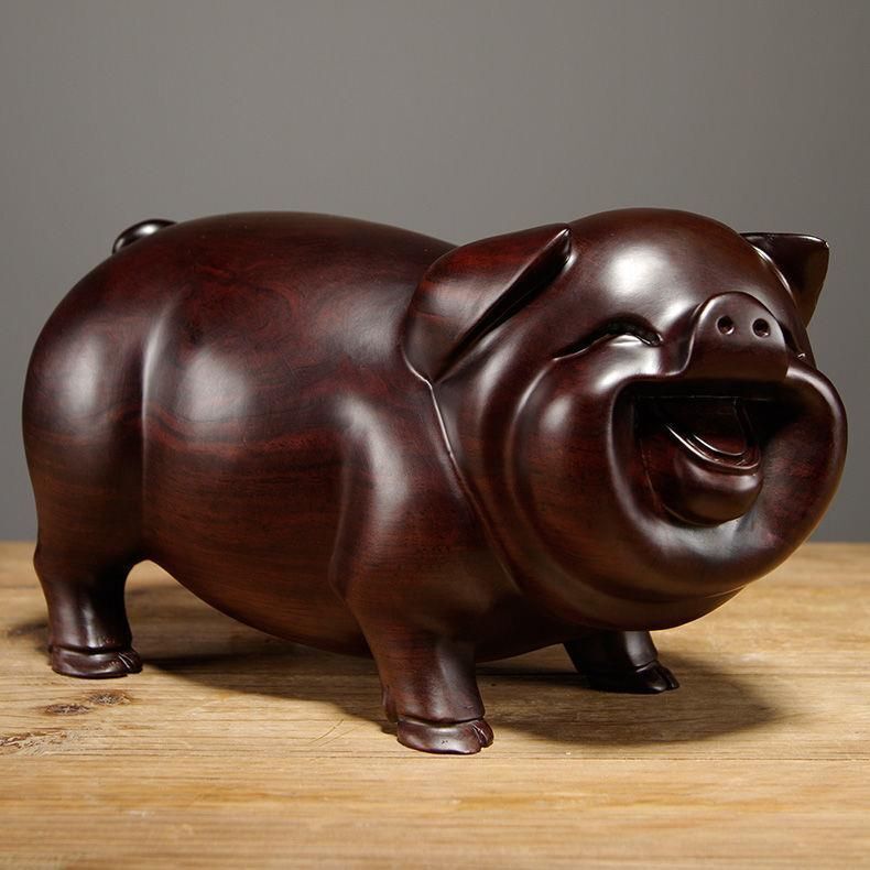 Pig Figurine Feng Shui Mahogany Wood Craft Carving Handmade Home Ornament 8-15cm