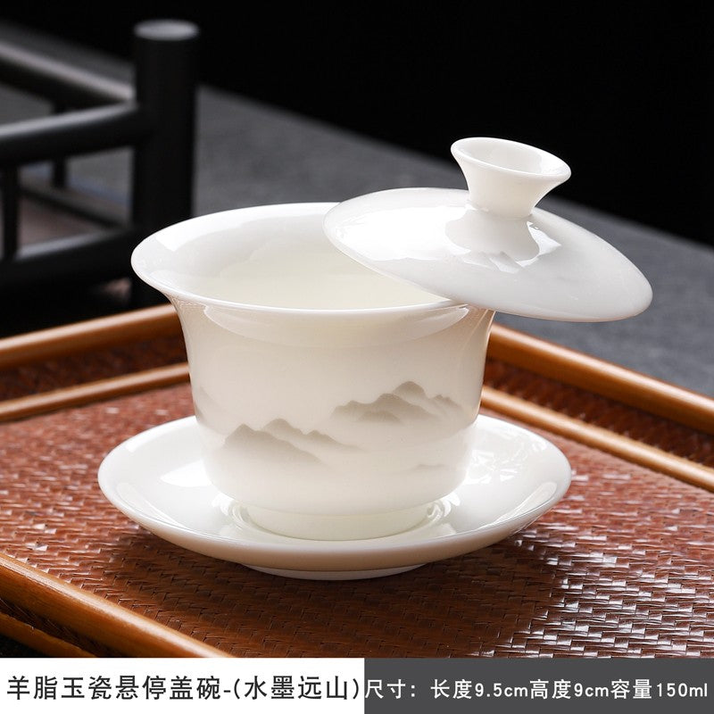 Sheep Fat Jade Porcelain San Cai Gaiwan Ink Wash Landscape Tea Bowl Household