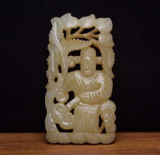 Old Peking Chinese Natural Hetian Jade Hand Carving Children Statue Collections