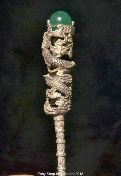 6.6" Old China Silver Inlay Green Gem Dynasty Dragon Bead Hairpin Hair Stick