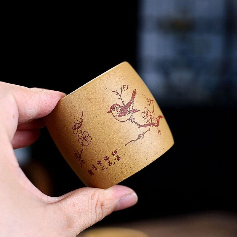 100ml Yixing Purple Clay Handcarved Flowers Bird Tea Tasting Cup Kung Fu Teaware