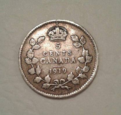 1919 5 Cents Canada George V with DEI GRATIA Silver Coin Old King Crown 乔治五世银币