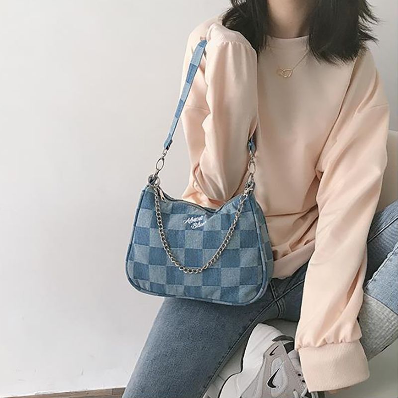 Blue Vintage Japanese Style Chains Women Shoulder Bag Soft Top Handle Purse 1 PC