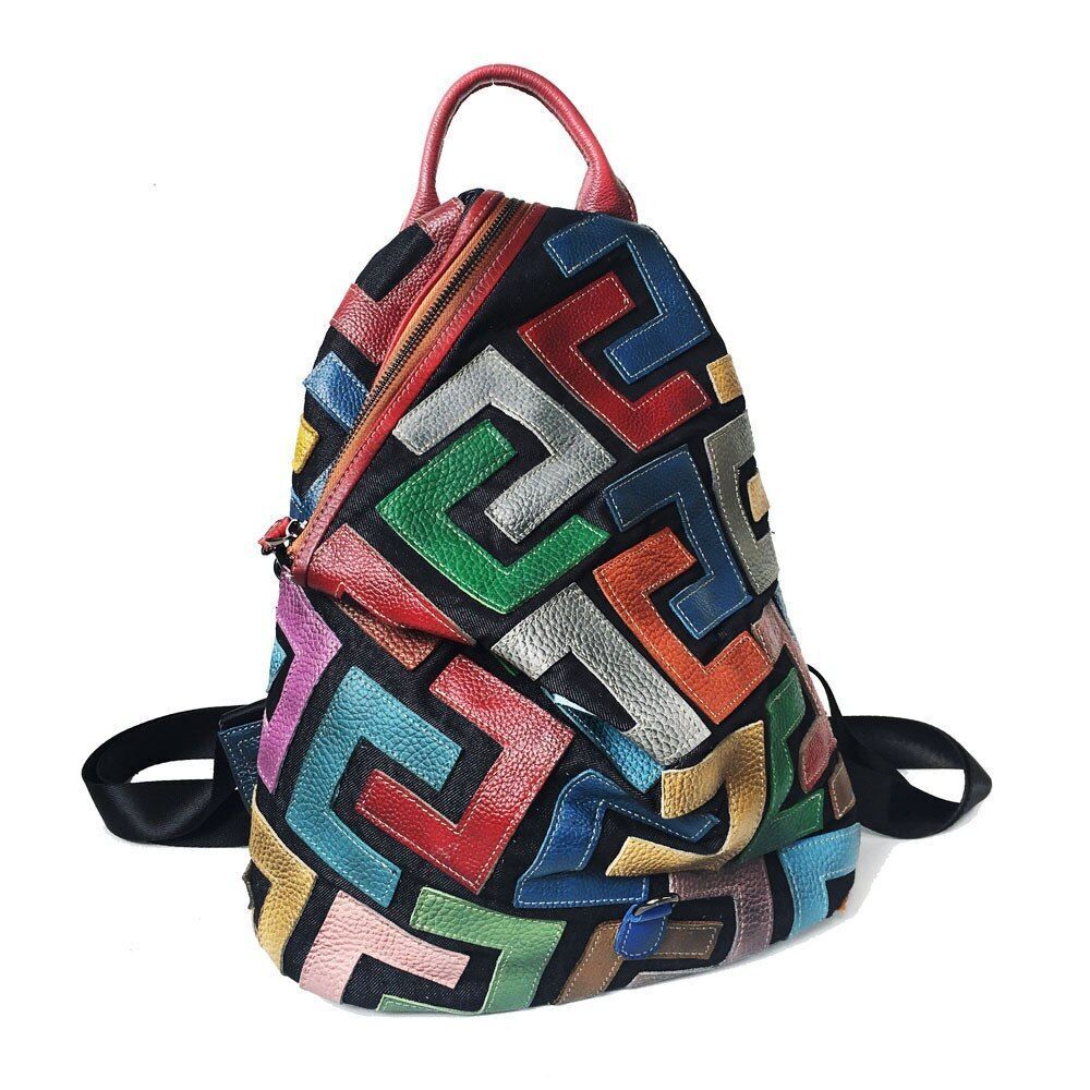 Genuine Leather Backpack Women Luxury School Bags 29*14*32CM Polyester Patchwork