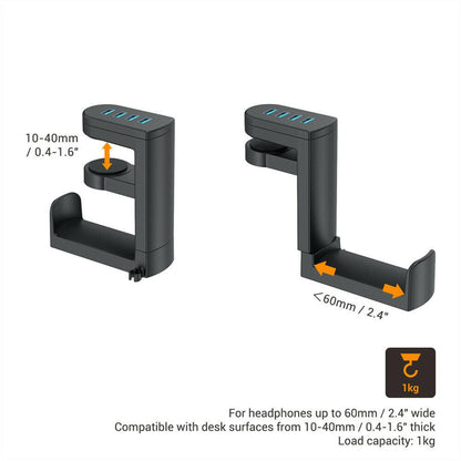 360° Rotation Headset Holder Earphone Storage Hook Stand 4-Port USB Data Hub bb