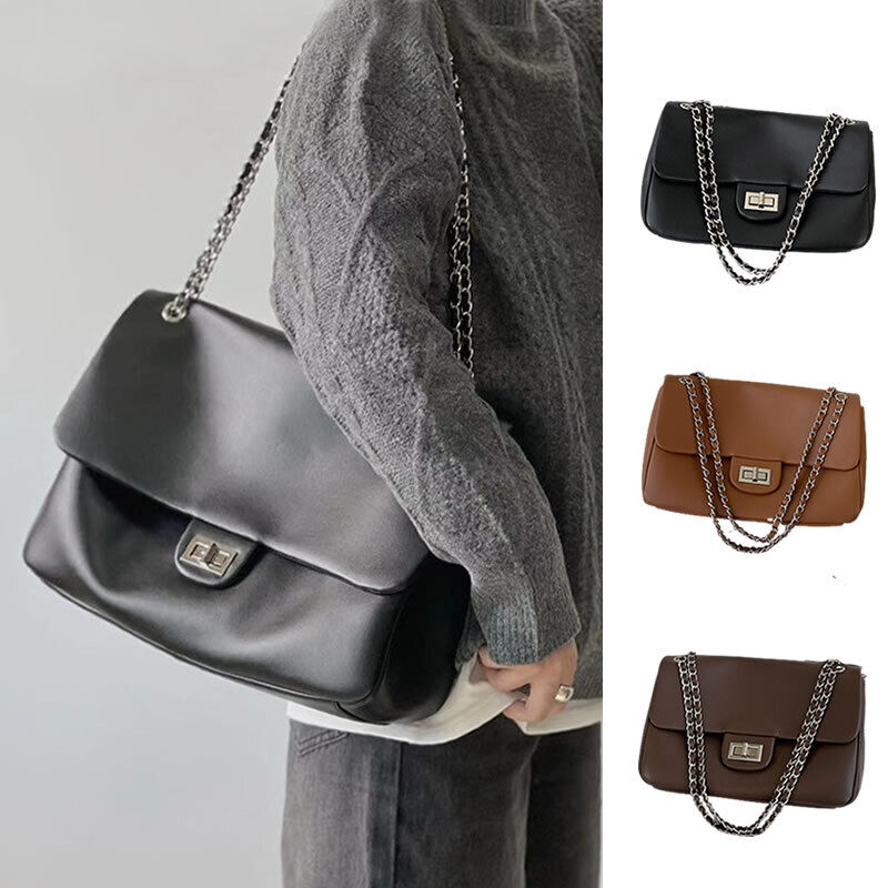 Real Leather Small Flap Purse Shoulder Bag Double Chains Crossbody Work Handbag