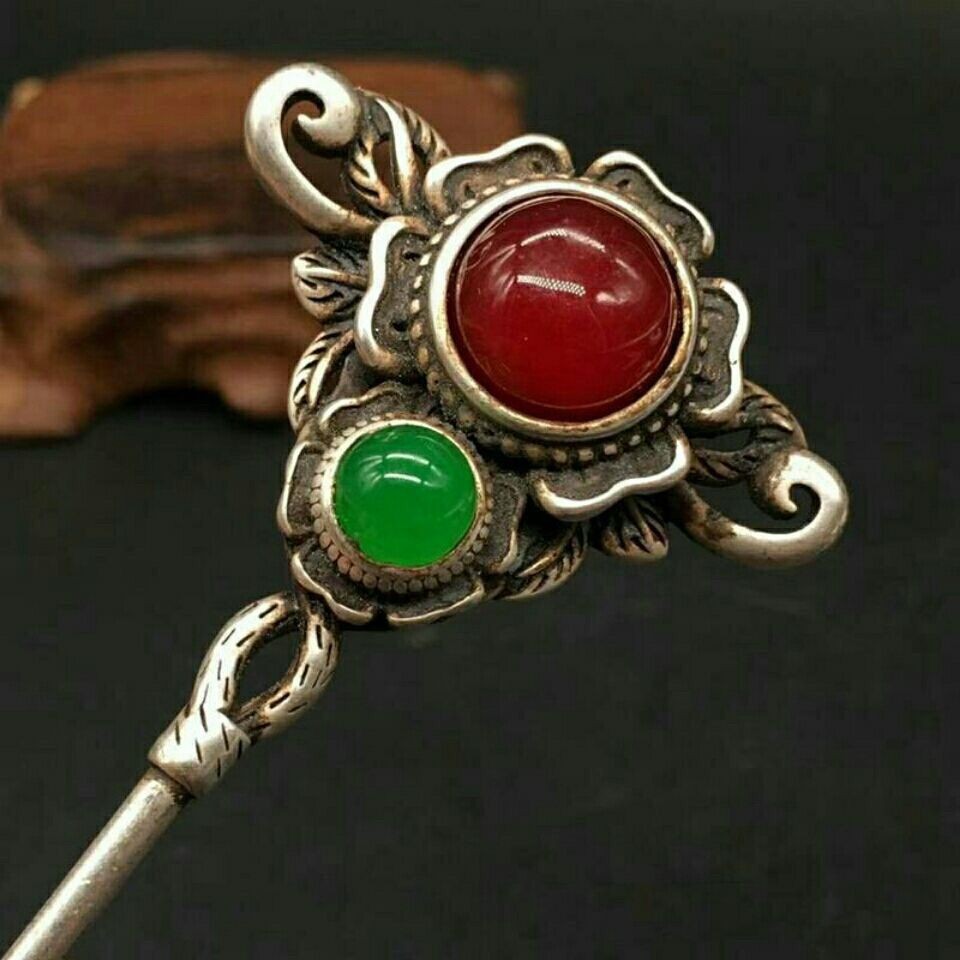 Antique Silver Plated Hairpin Inlaid Red Green Gemstone Vintage Chinese