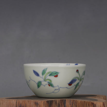 3.1" Chinese Ming Doucai Contrasting Colors Porcelain Green Glaze Flower Cup