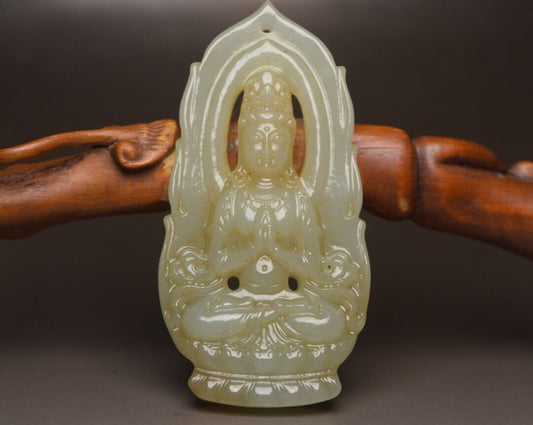 Chinese Beautiful Natural Hetian Jade Carved Kuan Yin Statue Good Luck Pendant