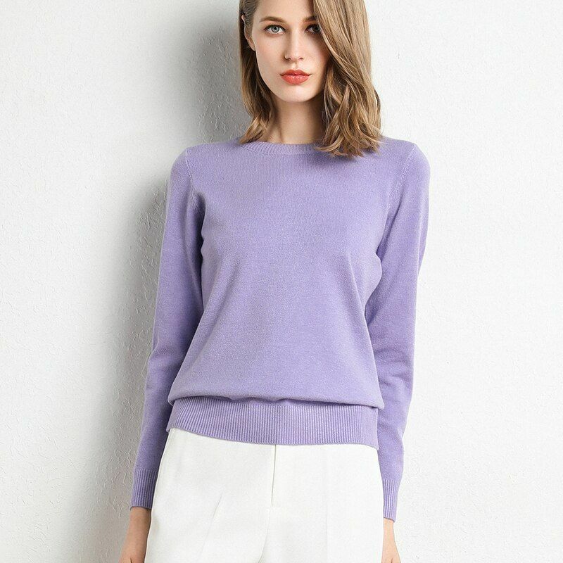 Women Sweater Clothes Solid Round Neck Jumper Long-sleeved Knitted Pullovers