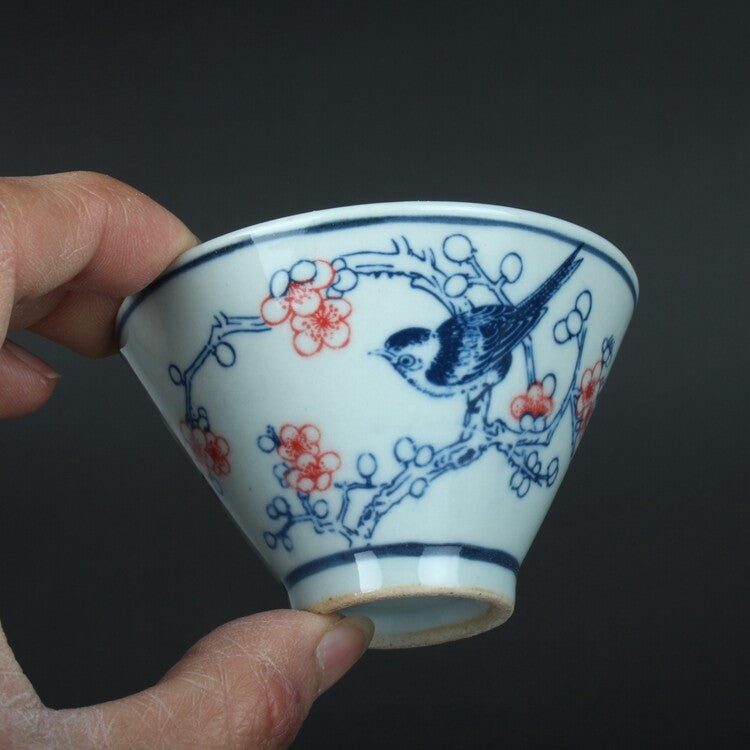 3.1" China Qing Blue White Porcelain Folk Kiln Red Glaze Plum Blossom Magpie Cup