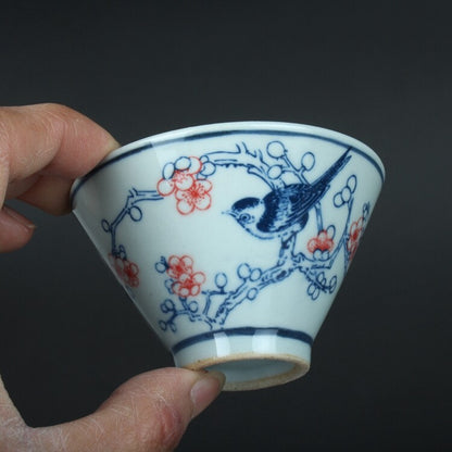 3.1" China Qing Blue White Porcelain Folk Kiln Red Glaze Plum Blossom Magpie Cup