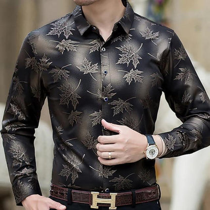 Moda Camisa Para Hombre de Vestir Mangas Largas Hojas de Arbol Ropa Fina