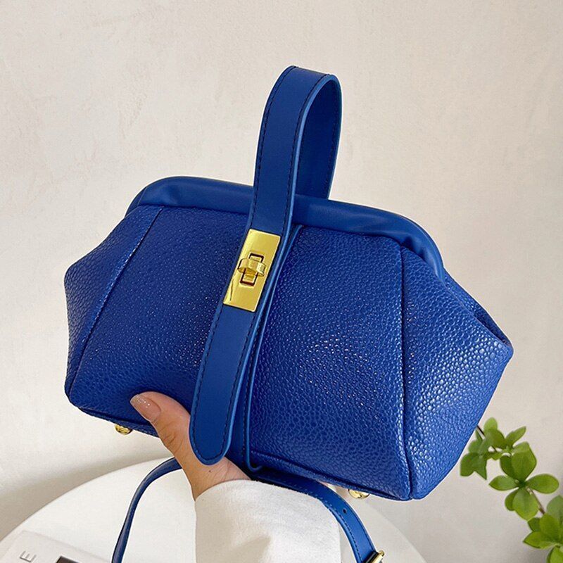 Synthetic Leather Small Shoulder Clip Bag Silver Shell Gold Pink Blue 20*15*10CM
