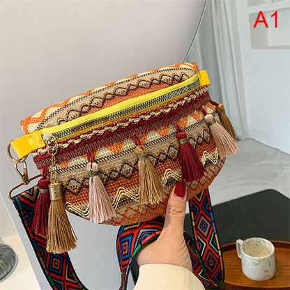 Weave Crossbody Bags Female Tassel Waist Bag Retro Leather Shoulder Packs