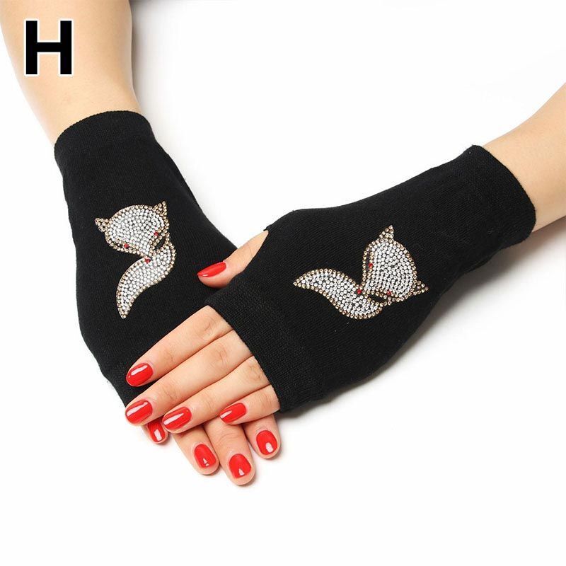 Women Fingerless Gloves Black Colour Half Finger Animals Pattern Rose Embroidery