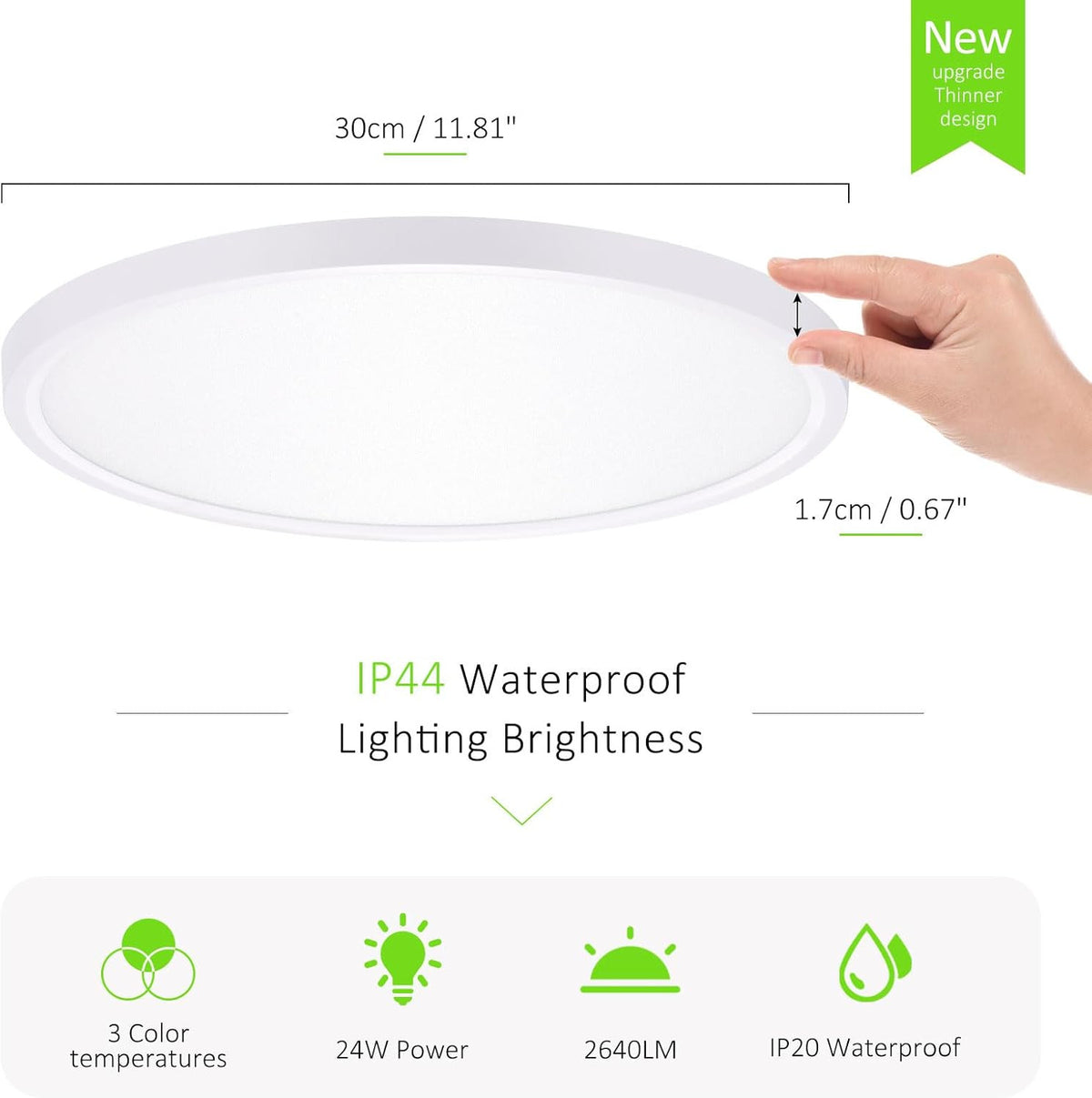 1 Pack LED Flush Mount Ceiling Light, 24W Ultra Thin round White 3000K/4000K/650