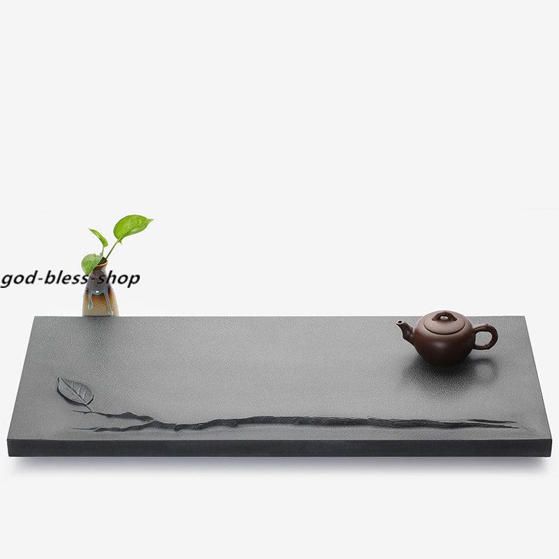 Handmade Carved Leaf Relief Black Stone Tea Tray Water Draining Tea Table Heavy