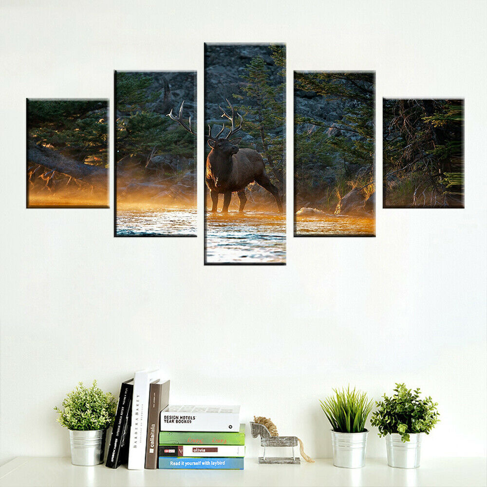 5 Pieces Animal Deer In Forest Stream Elk Sunset Landscape Paintings HD Prints