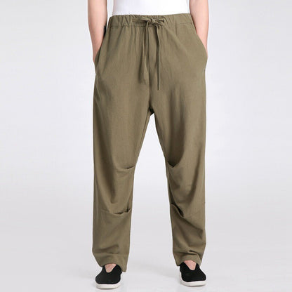Men Chinese Kung Fu Pants Martial Art Linen Tang Suit Trouser Elastic Waist Long