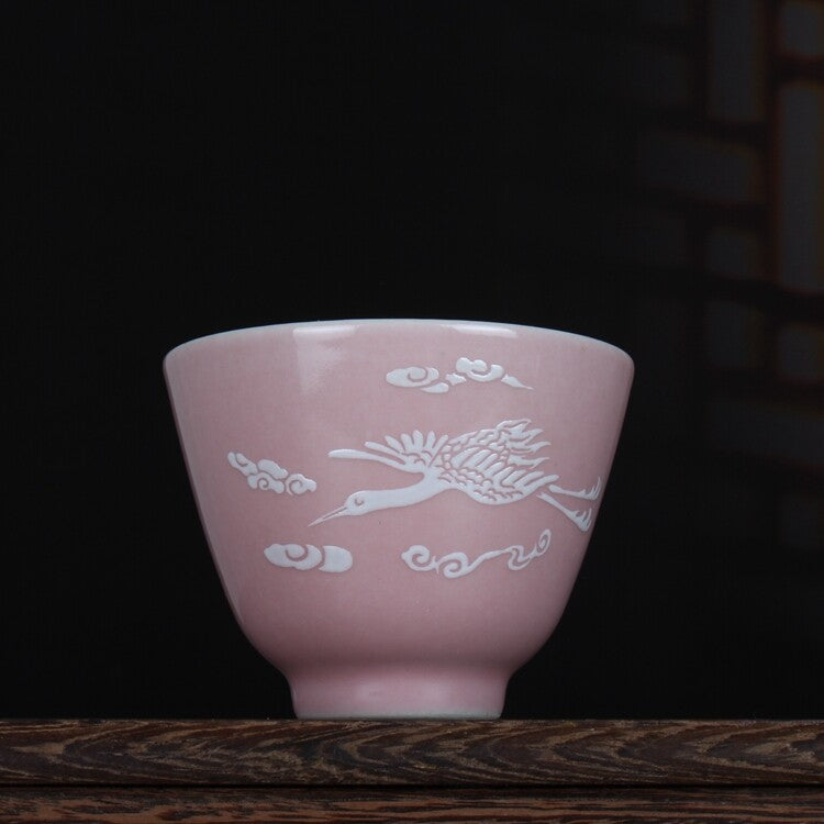 3" Collection Chinese Jingdezhen Porcelain Pink Glaze Animal Crane Cup
