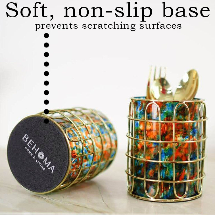 Set of 2 Stainless Steel (Gold Color) and Turquoise Glass Silverware Holders