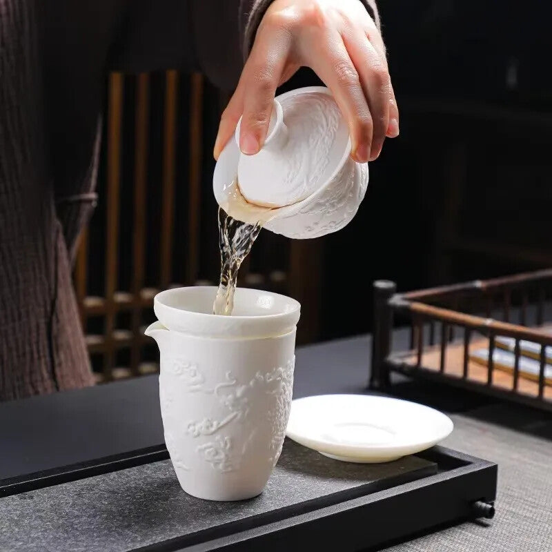 Kung Fu Tea Set Tureen Ceramic Simple Portable Dragon and Phoenix Cups Gaiwan