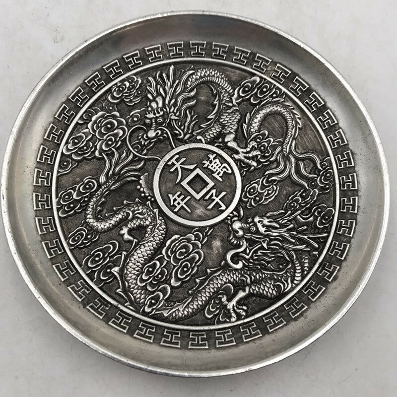 Exquisite Chinese tibet silver handcarved double Dragon plate decoration