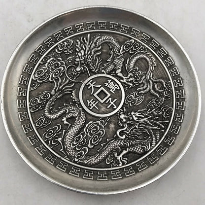 Exquisite Chinese tibet silver handcarved double Dragon plate decoration