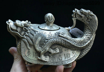 Old China Silver Dragon Tortoise Turtle Wine Tea Pot Flagon Teapot Stoup Statue