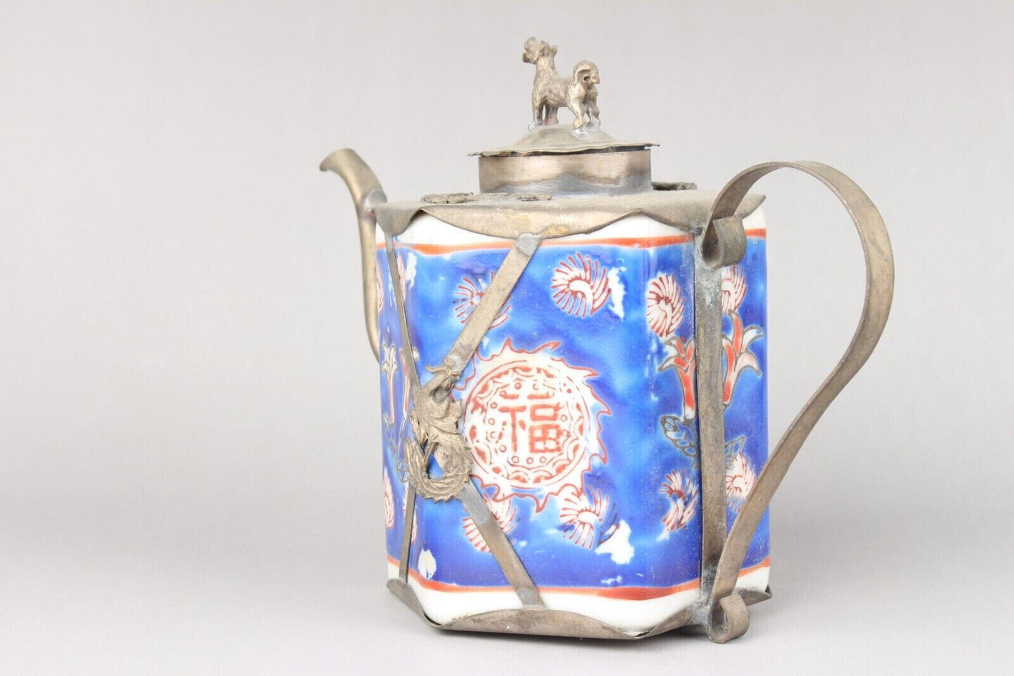 5.1" old Antique China Feng Shui porcelain inlaid with Tibetan silver Teapot