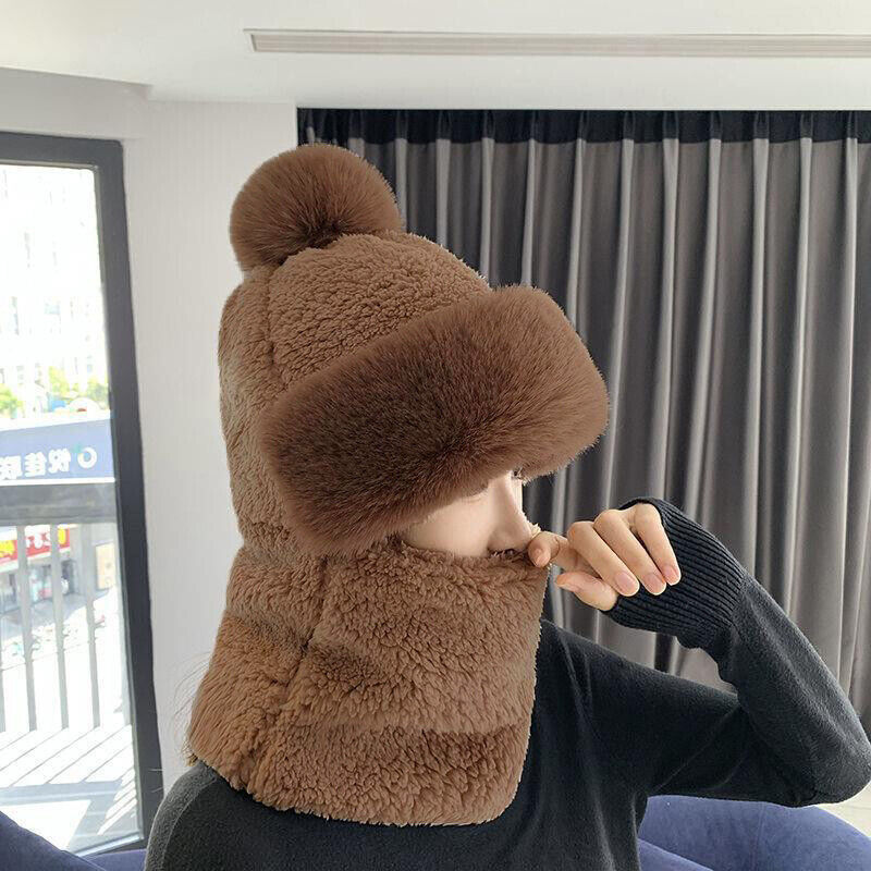Women Warm Plush Velvet Hats Hooded Thick Scarf Caps Neck Warmer Pullovers Hat