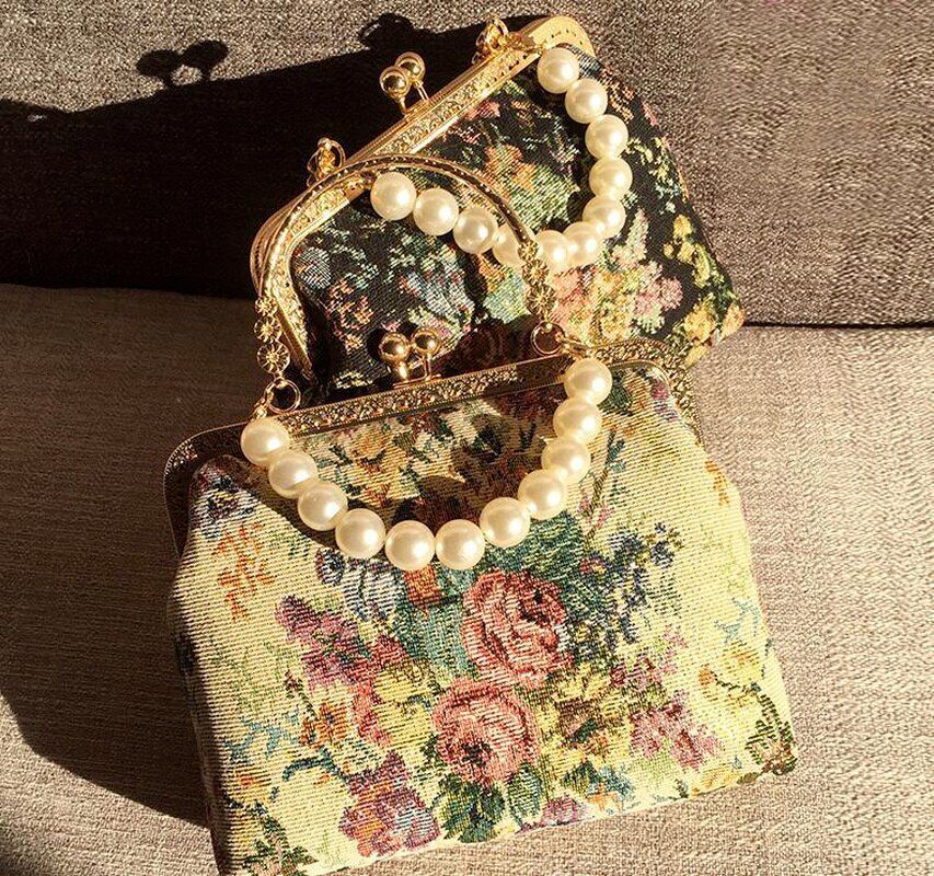 Vintage Embroidery Bag Handbag Flowers Purse Pearl Chain Crossbody Shoulder Bag