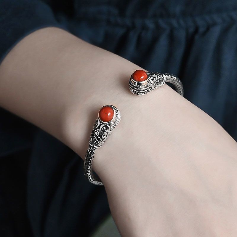 Vintage Carved Bangle Red Agate Inlay Handmade Aged Silver Jewelry