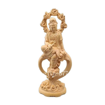 6.7" Guan Yin Altar Shrine Deco Boxwood Wood Carved Avalokitesvara Buddha Statue