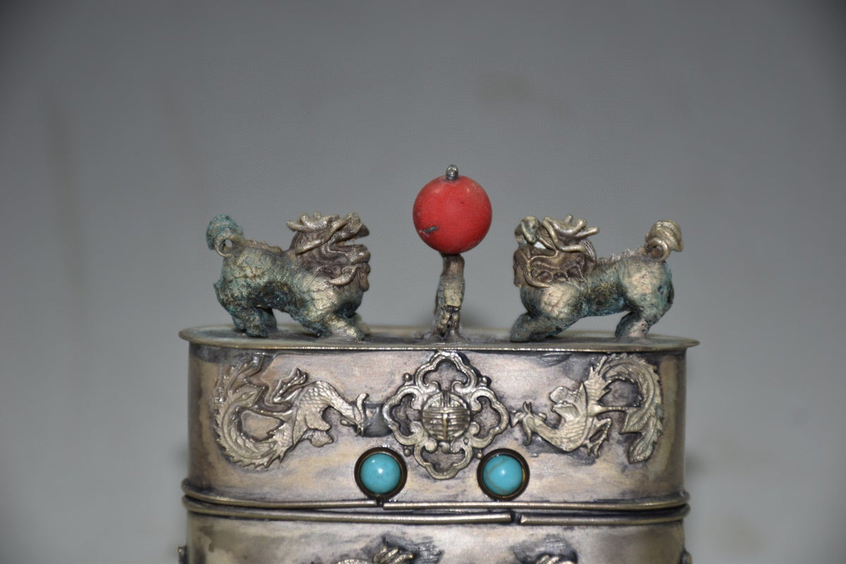 Silver-Plated Copper Dragon Phoenix Qilin Box 8cm Turquoise Inlay