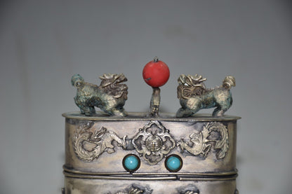 Silver-Plated Copper Dragon Phoenix Qilin Box 8cm Turquoise Inlay