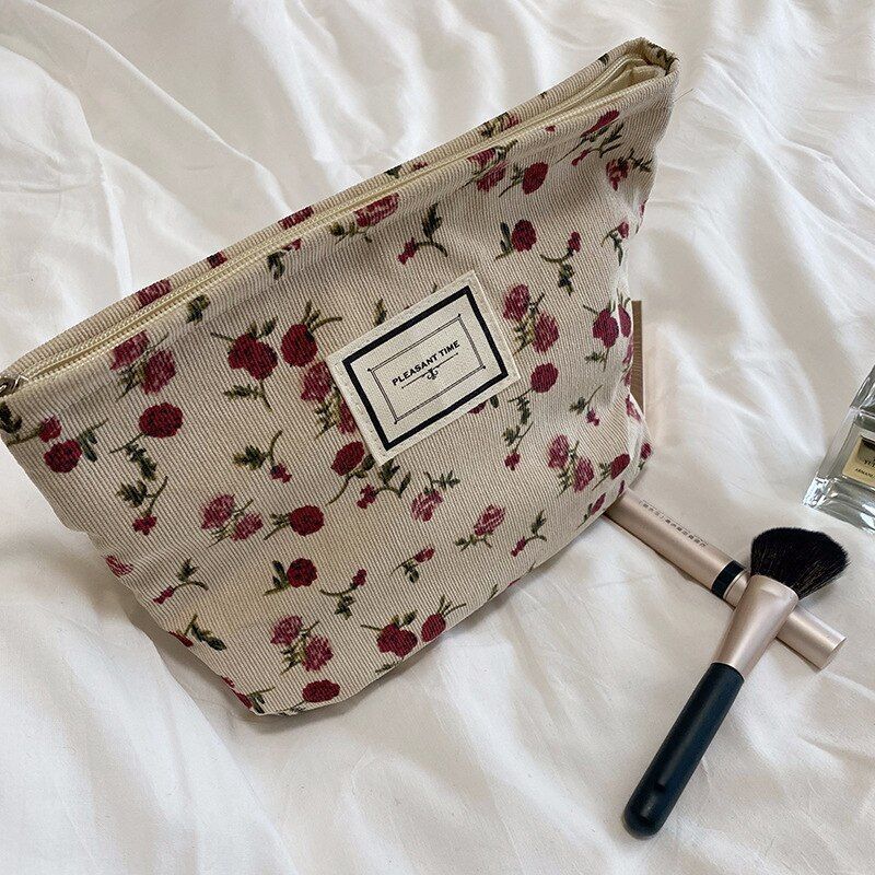 Cosmetic Pouch Embroidery Floral Print Traveling Toiletry Bag Canvas Makeup Case