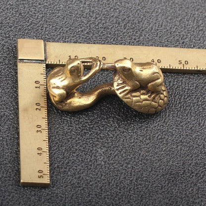 Solid Brass Frog on Mushroom Figurine Miniature Tea Pet Ornament Animal Statue