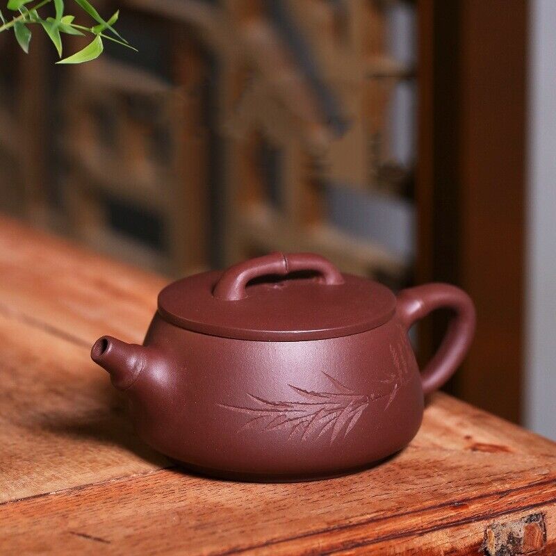 true yixing zisha teapot hand carved bamboo marked big mouth for Pu'er tea 6.8oz