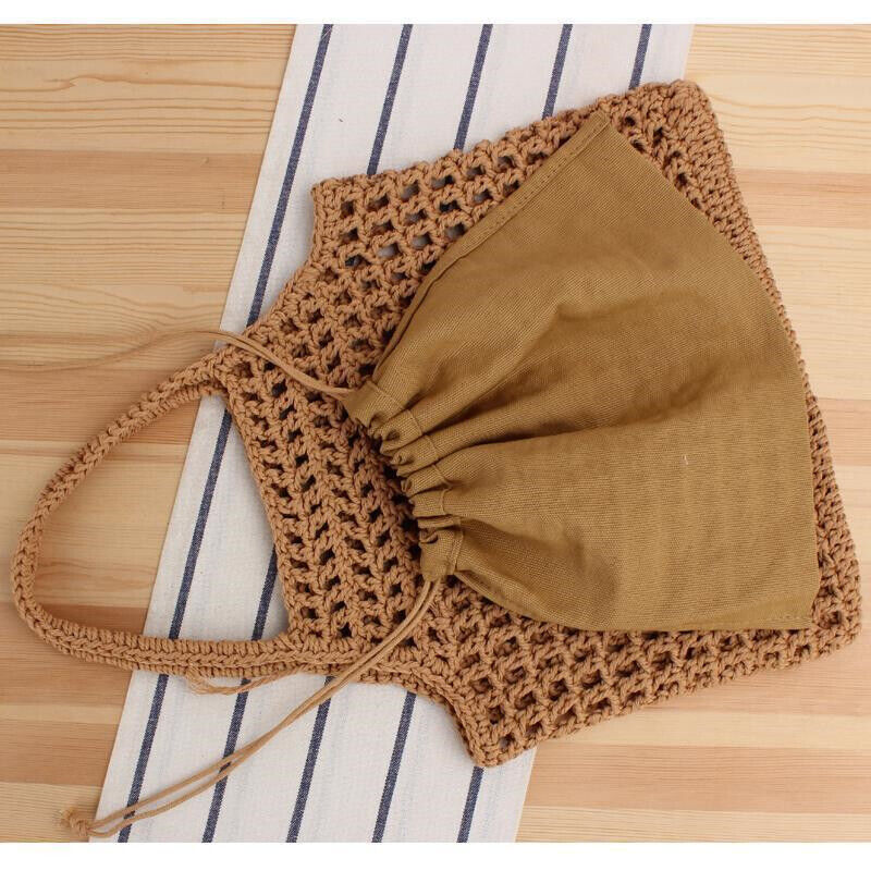 Summer New Mesh Cotton Shopping Bag Hollow Women Beach Straw Bag