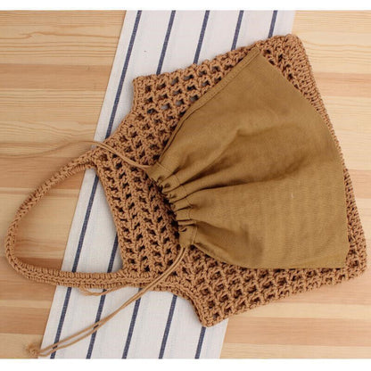 Summer New Mesh Cotton Shopping Bag Hollow Women Beach Straw Bag